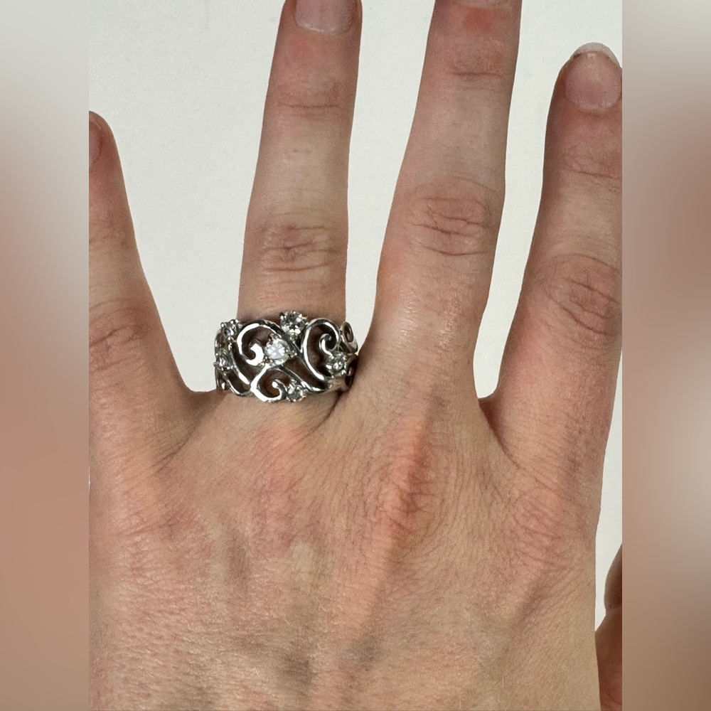 Silver Filigree Crystal Statement Ring - Silver size 7
